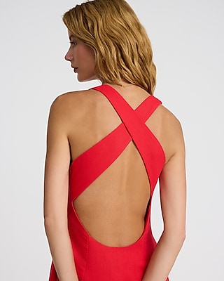 Linen-Blend Square Neck Strappy Low Back Midi Dress