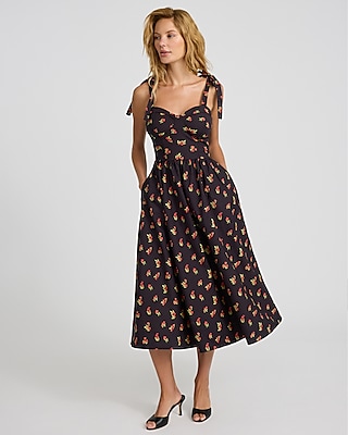 Cherry Print Sweetheart Tie Strap Midi Fit And Flare Dress