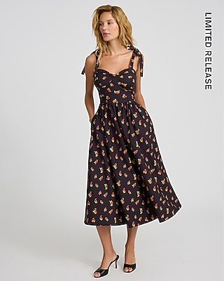 Cherry Print Sweetheart Tie Strap Midi Fit and Flare Dress