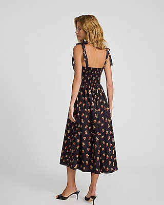 Cherry Print Sweetheart Tie Strap Midi Fit and Flare Dress