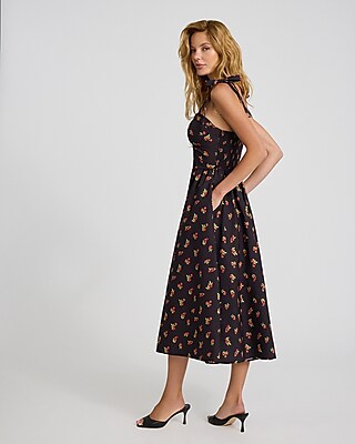Cherry Print Sweetheart Tie Strap Midi Fit and Flare Dress