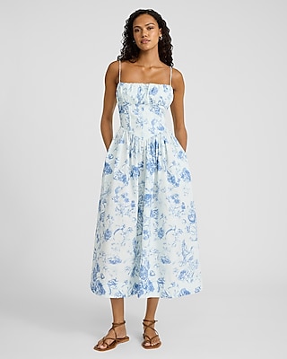 Printed Sleeveless Corset Drop Waist Midi Fit And Flare Dress
