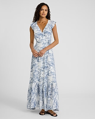 Printed V-Neck Flutter Sleeve Tie Waist Maxi Dress