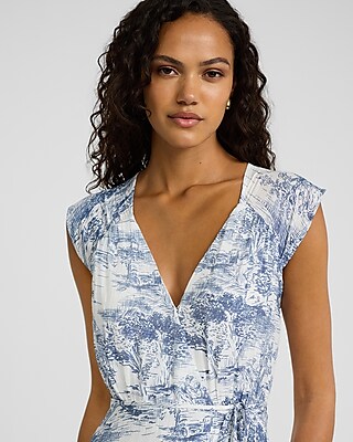 Printed V-Neck Flutter Sleeve Tie Waist Maxi Dress