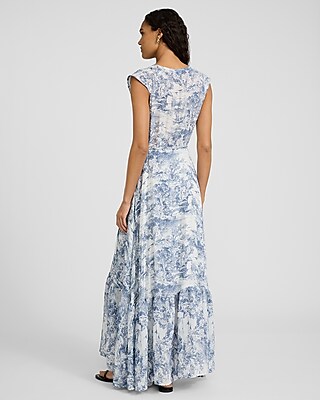 Printed V-Neck Flutter Sleeve Tie Waist Maxi Dress