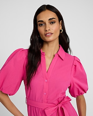 Puff Sleeve Tie Waist Maxi Shirt Dress