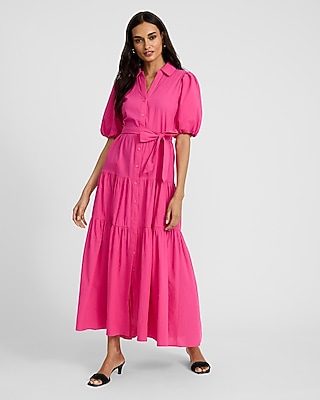 Puff Sleeve Tie Waist Maxi Shirt Dress