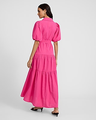 Puff Sleeve Tie Waist Maxi Shirt Dress