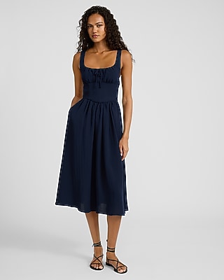 Scoop Neck Tie Front Drop Waist Midi Fit and Flare Dress