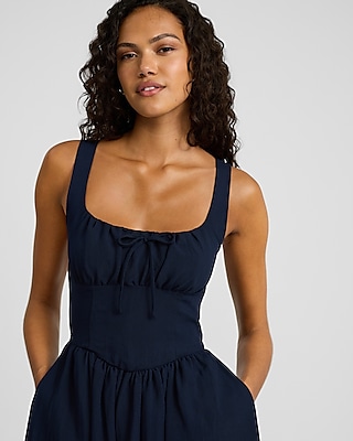 Scoop Neck Tie Front Drop Waist Midi Fit and Flare Dress