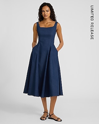 Dark Wash Square Neck Midi Fit and Flare Denim Dress