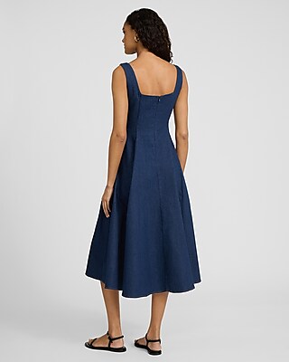 Dark Wash Square Neck Midi Fit and Flare Denim Dress