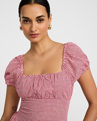 Cotton Gingham Smocked Back Cutout Midi Dress with Pockets