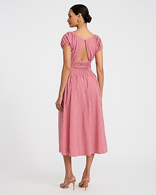 Cotton Gingham Smocked Back Cutout Midi Dress with Pockets