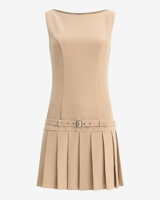 Boat Neck Drop Waist Belted Pleated Mini Dress