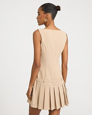 Boat Neck Drop Waist Belted Pleated Mini Dress