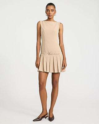 Boat Neck Drop Waist Belted Pleated Mini Dress