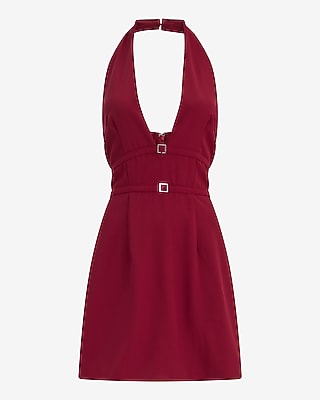 Halter V-Neck Double Belted Mini Sheath Dress