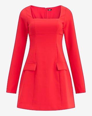 Square Neck Long Sleeve Tailored Mini Dress with Pockets