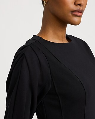Ponte Crew Neck Pleated Sleeve Mini Sheath Dress - thumbnail 6