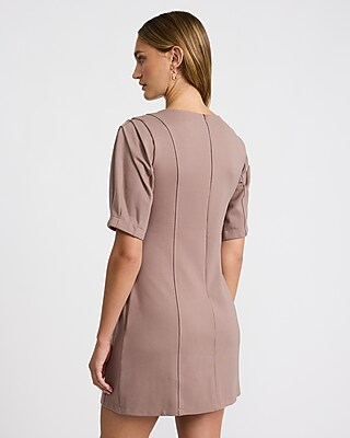 Ponte Crew Neck Pleated Sleeve Mini Sheath Dress - thumbnail 2