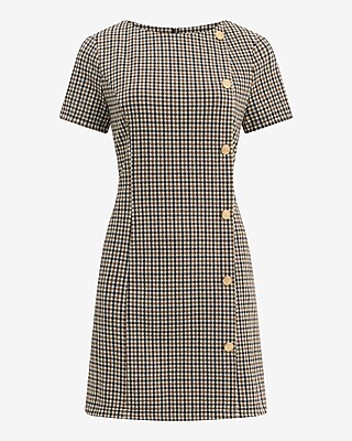 Plaid Crew Neck Short Sleeve Button Front Mini Dress