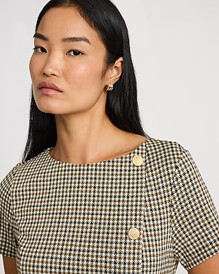 Plaid Crew Neck Short Sleeve Button Front Mini Dress