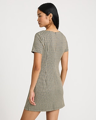 Plaid Crew Neck Short Sleeve Button Front Mini Dress