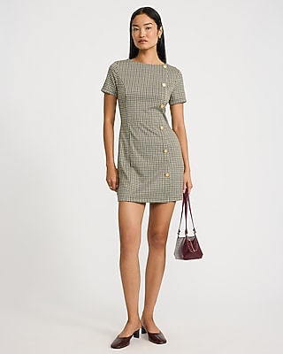 Plaid Crew Neck Short Sleeve Button Front Mini Dress