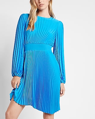 Satin Long Sleeve Pleated Asymmetrical Hem Mini Dress | Express