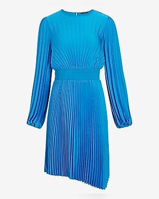 Satin Long Sleeve Pleated Asymmetrical Hem Mini Dress | Express