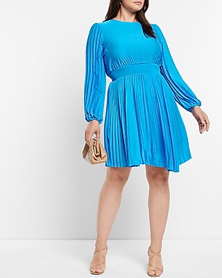 Satin Long Sleeve Pleated Asymmetrical Hem Mini Dress | Express