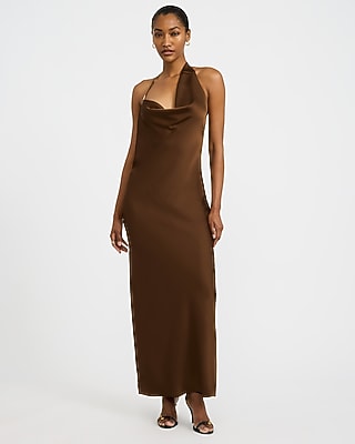 Satin Asymmetrical Cowl Neck Hardware Maxi Dress