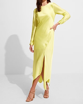 Satin Long Sleeve Asymmetrical Hem Maxi Dress Express