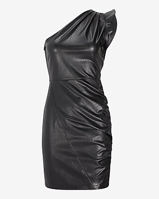 Faux Leather One Shoulder Ruched Mini Dress
