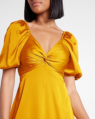 Satin Twist Front Puff Sleeve Mini Dress | Express