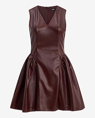 Faux Leather V-Neck Ruched Hip Mini Dress