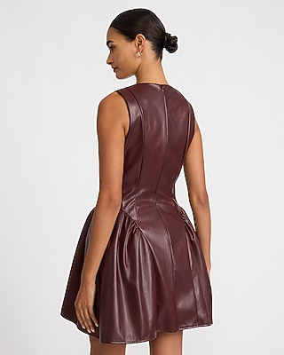 Faux Leather V-Neck Ruched Hip Mini Dress