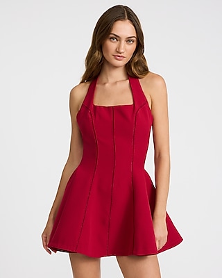 Faux Leather Scoop Neck Seamed Midi Sheath Dress