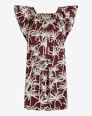 Printed Square Neck Flutter Sleeve Poplin Mini Shift Dress
