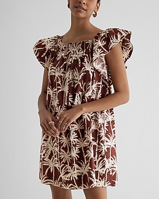 Printed Square Neck Flutter Sleeve Poplin Mini Shift Dress
