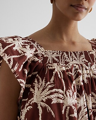 Printed Square Neck Flutter Sleeve Poplin Mini Shift Dress