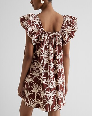 Printed Square Neck Flutter Sleeve Poplin Mini Shift Dress