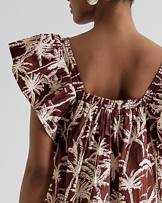 Printed Square Neck Flutter Sleeve Poplin Mini Shift Dress
