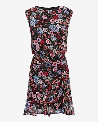 Express Floral Print Ruched Ruffle Hem Mini Dress