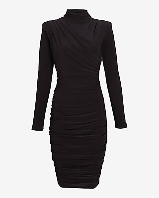 Ruched Mock Neck Strong Shoulder Back Cutout Mini Dress