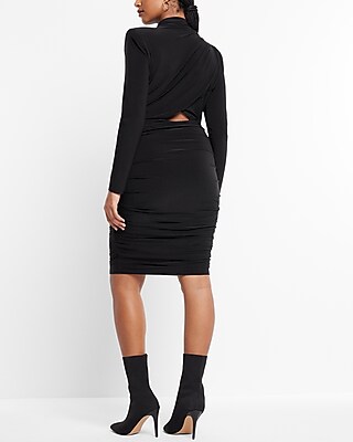 Ruched Mock Neck Strong Shoulder Back Cutout Mini Dress