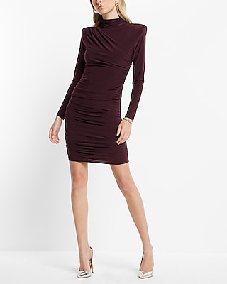 Ruched Mock Neck Strong Shoulder Back Cutout Mini Dress