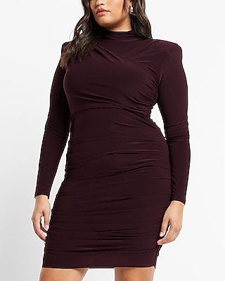 Ruched Mock Neck Strong Shoulder Back Cutout Mini Dress