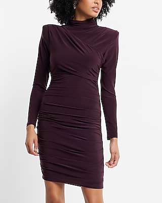 Ruched Mock Neck Strong Shoulder Back Cutout Mini Dress